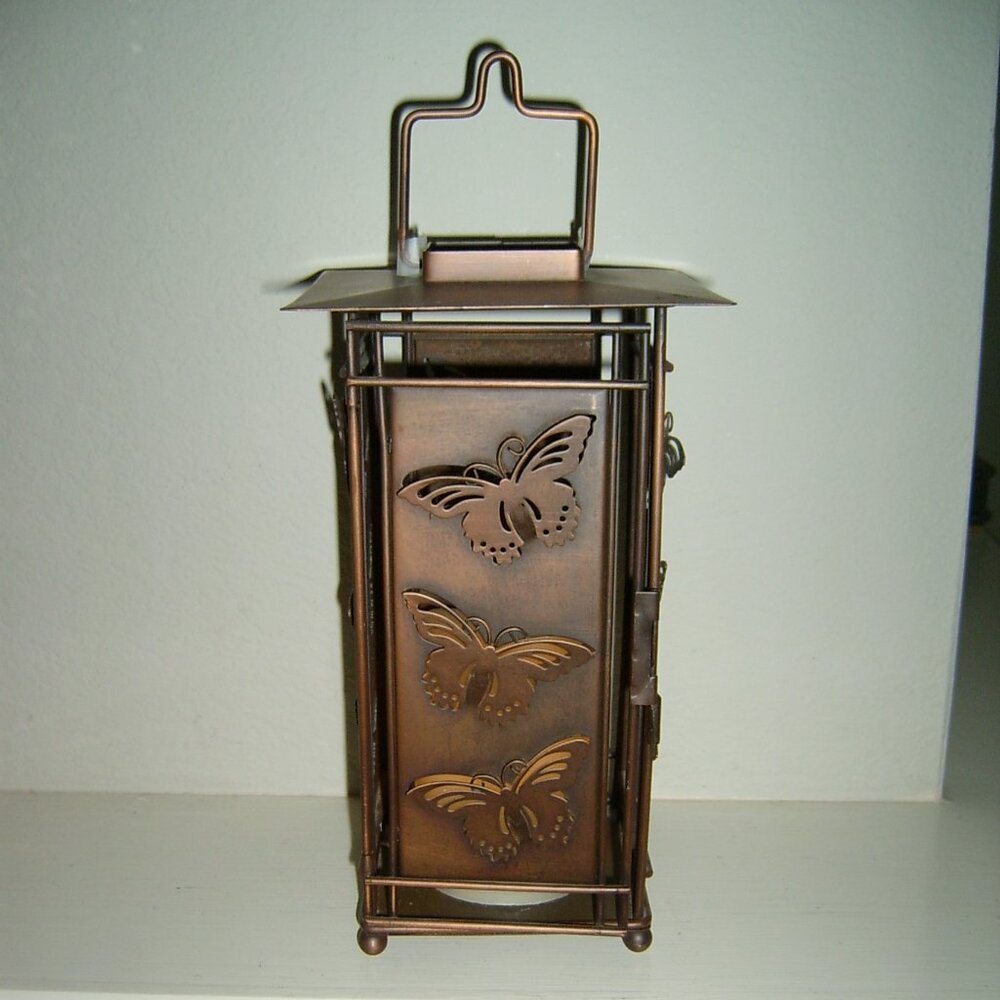 Copper Lantern Filigree Butterflies Candle Holder, w/Battery Candle, VGUC